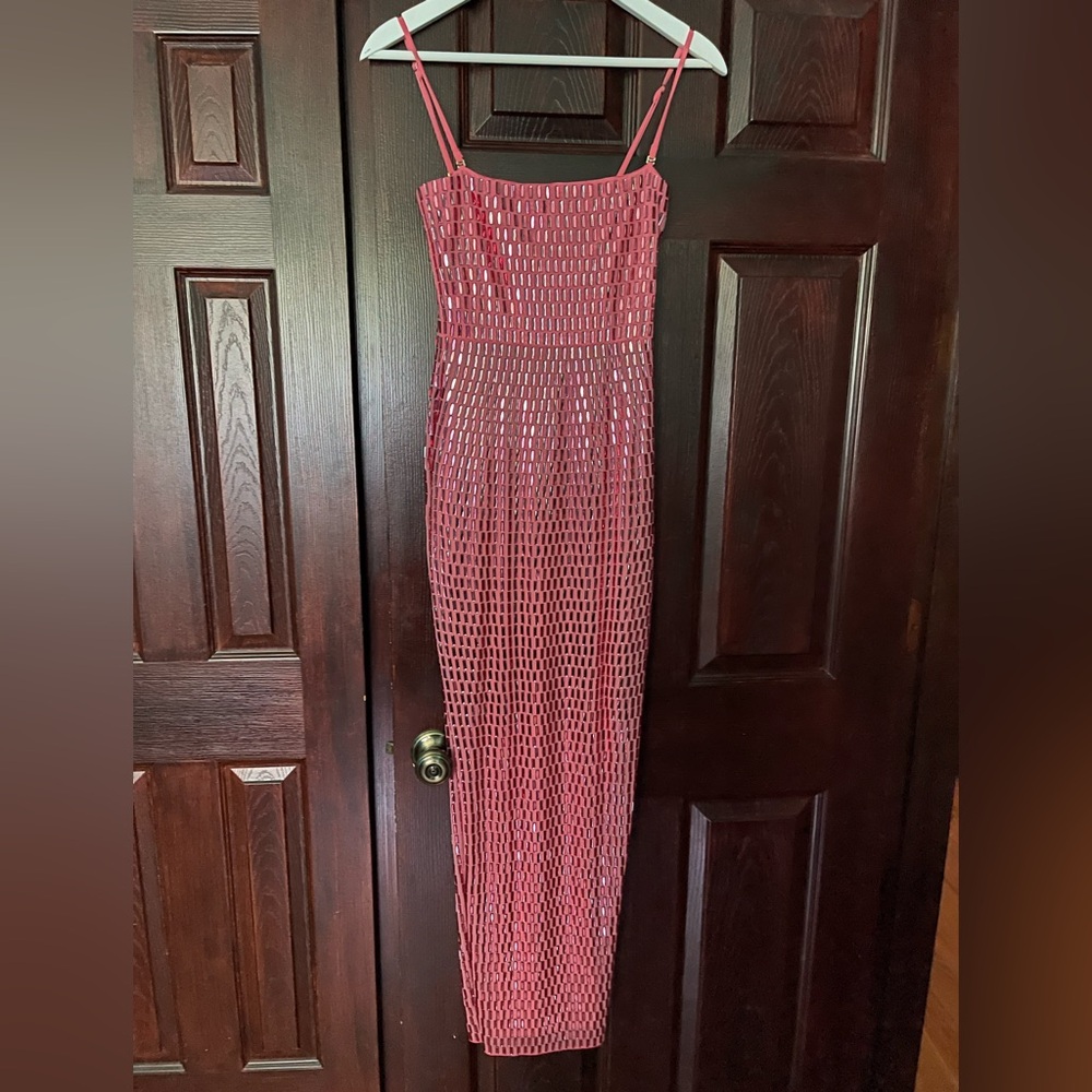 Strapless Pink Mesh Sequin Evening Gown - Picture 6 of 13